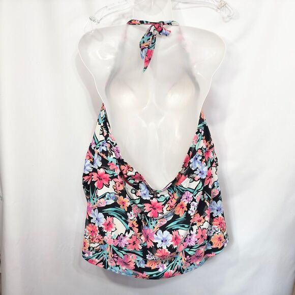Catalina Plus Size 3X Swim Top Halter Tie Neck Floral Pink Black Swimsuit 1668 - Picture 2 of 7